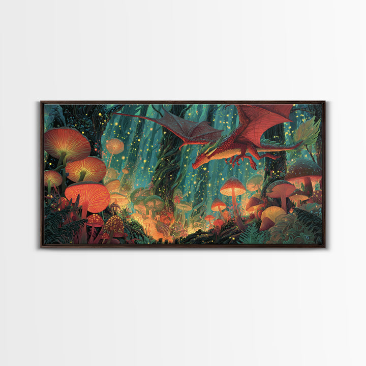 Red Dragon Over Glowing Mushroom Forest Wall Art, Whimsical Fantasy Canvas Print, Enchanted Woodland Kids Room Decor Gift