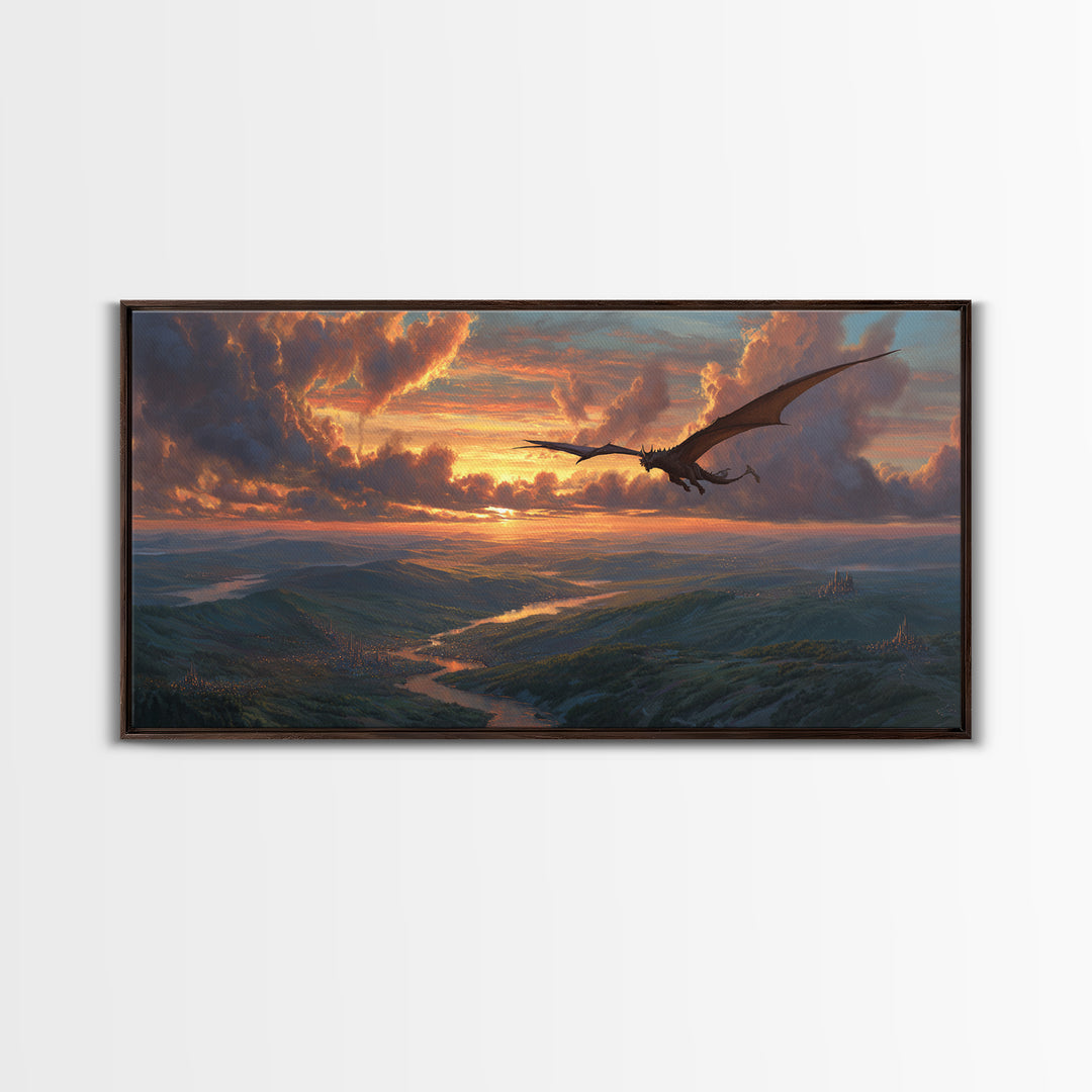 Dragon Flying Over Sunset Valley Wall Art, Epic Fantasy Canvas Print, Mountain Landscape Decor, Mythical Adventure Art Print