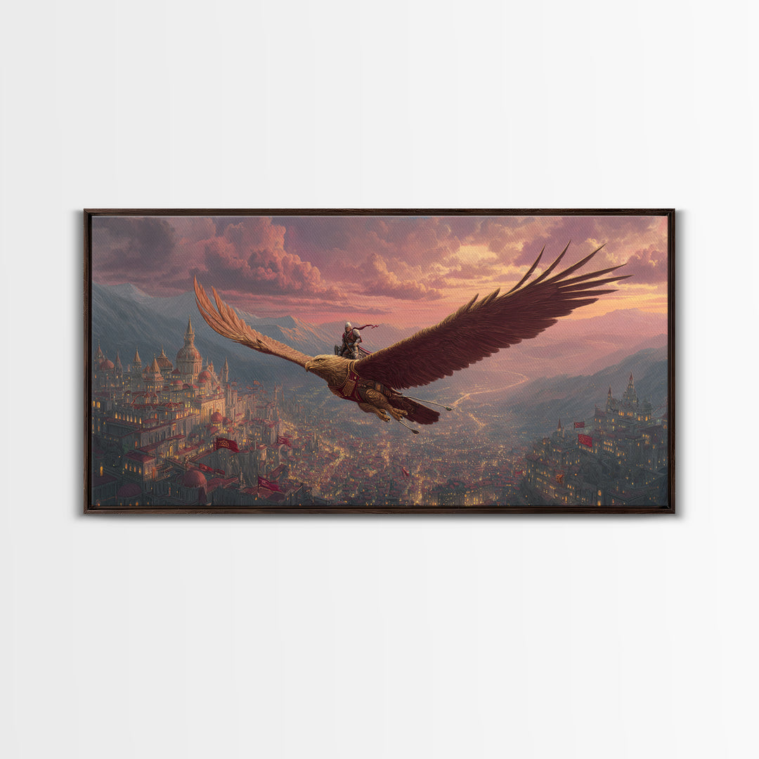 Epic Eagle Rider Over Kingdom Wall Art, Fantasy Canvas Print, Mythical Landscape Art For Gamer Room, Study, And Office Decor