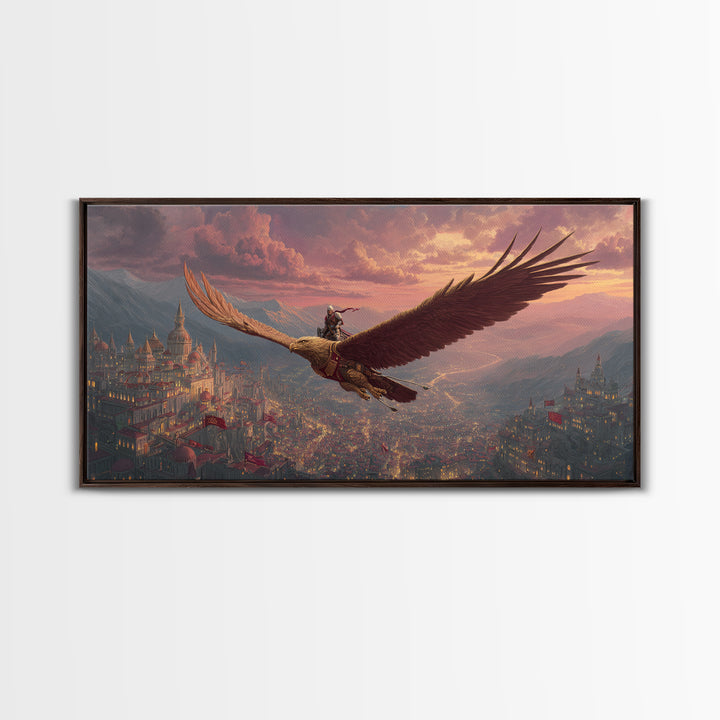 Epic Eagle Rider Over Kingdom Wall Art, Fantasy Canvas Print, Mythical Landscape Art For Gamer Room, Study, And Office Decor