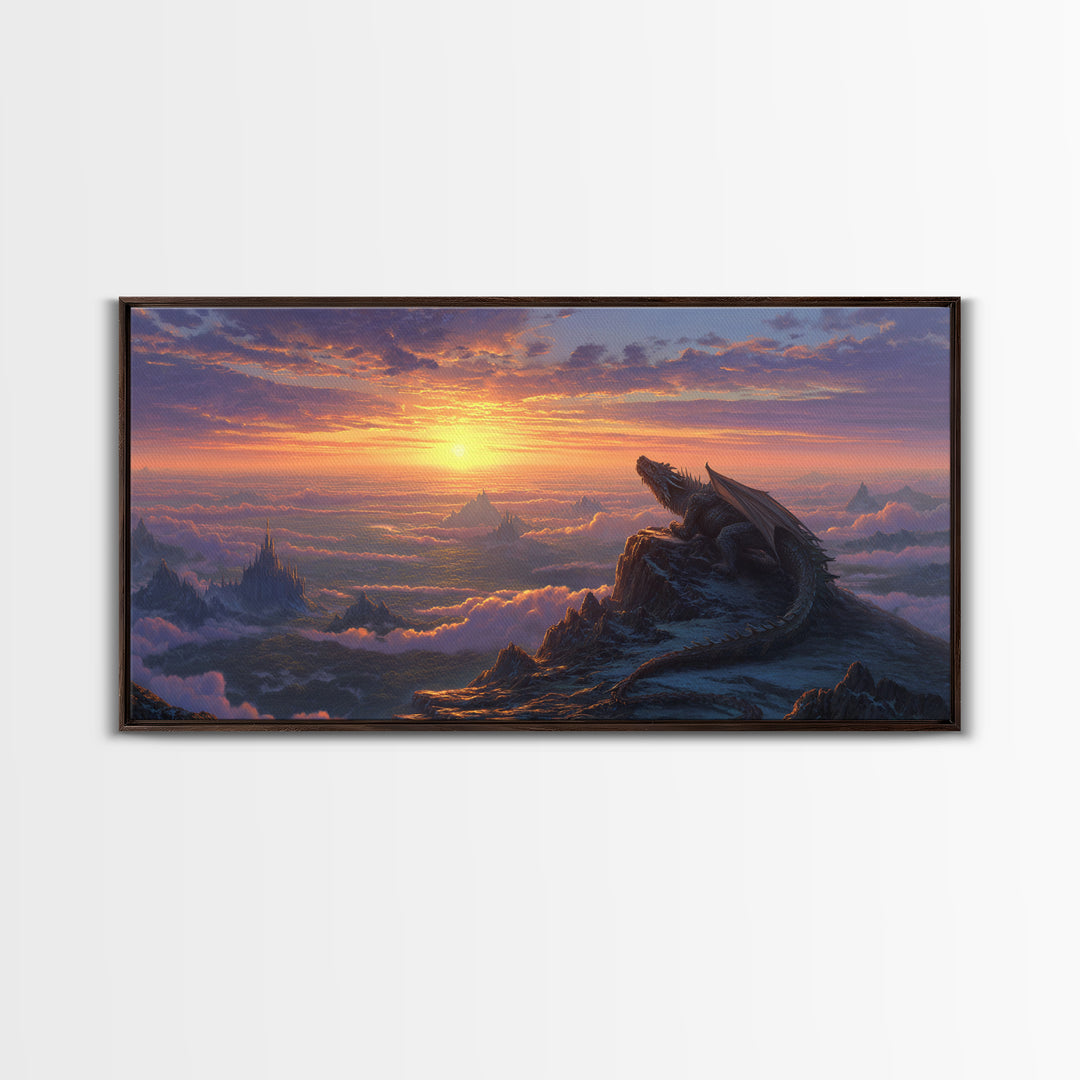 Sunset Dragon Mountain Kingdom Wall Art, Epic Fantasy Landscape Canvas, Medieval Castle Decor, Large Fantasy Art Print Gift