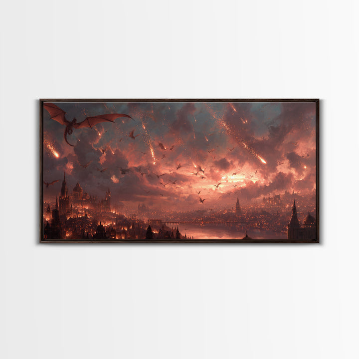 Dragon Siege Over Burning City Canvas Print, Dark Fantasy Wall Art, Gothic Medieval Decor, Epic Game Room Poster Gift For Gamer