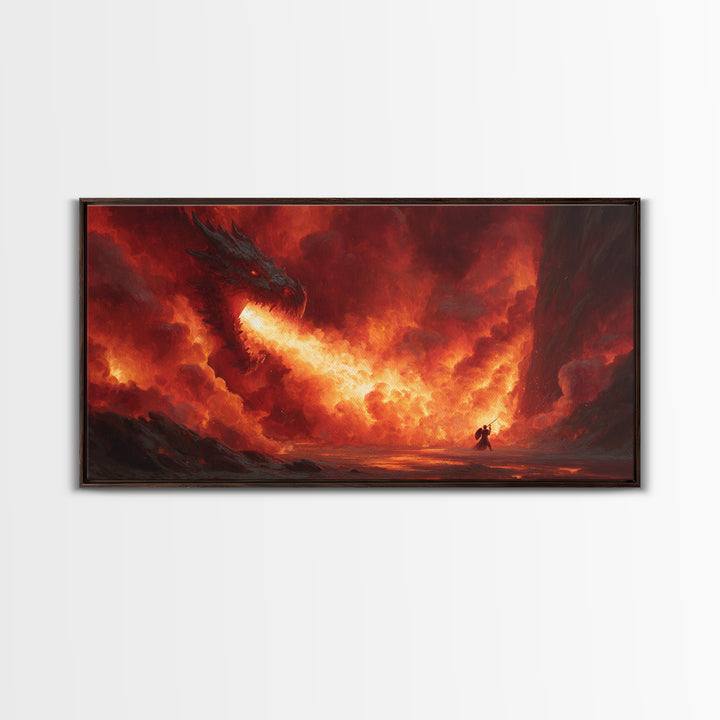 Fire Breathing Dragon In Volcanic Sky Canvas Print, Dark Fantasy Wall Art, Epic Dragon Art, Fantasy Decor, Gamer Room Decor, Large Artwork