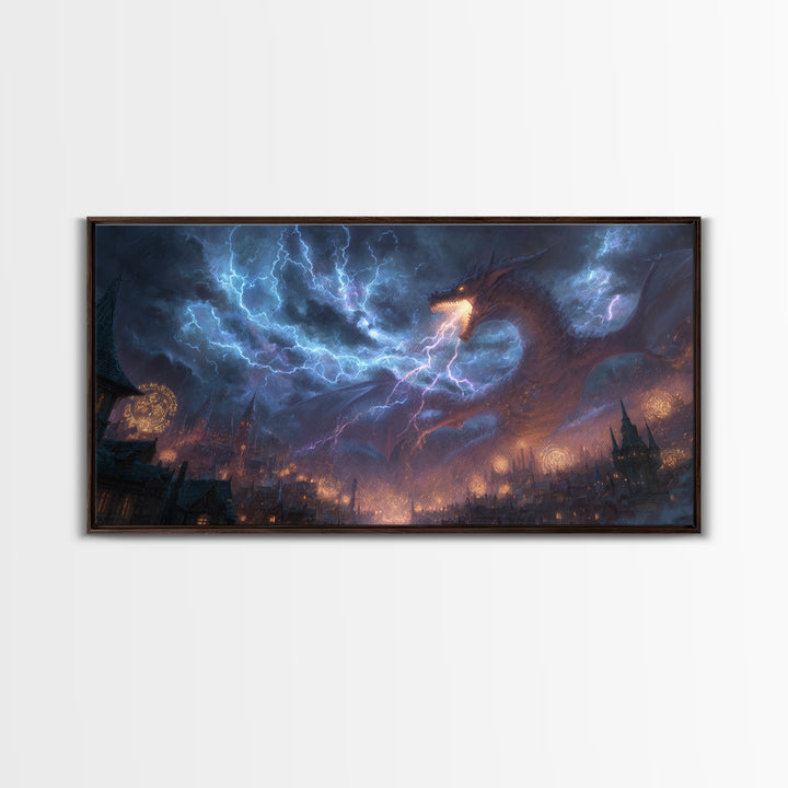 Lightning Dragon Over Gothic City Wall Art, Dark Fantasy Canvas, Stormy Castle Decor, Epic Dragon Print, Gamer Gift, Fantasy Decor