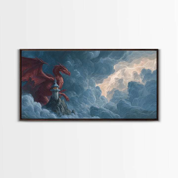 Red Dragon Lighthouse In Storm Clouds Canvas Print, Epic Fantasy Wall Decor, Mythical Creature Art, Dungeons And Dragons Gift