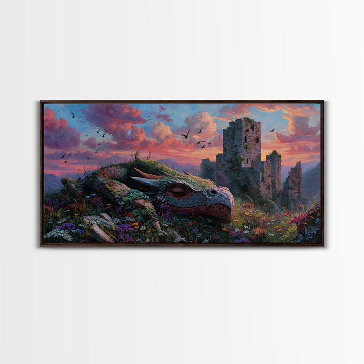 Sleeping Dragon Among Wildflowers Framed Canvas Print, Fantasy Wall Art, Whimsical Decor, Nursery Art, Enchanted Castle Art