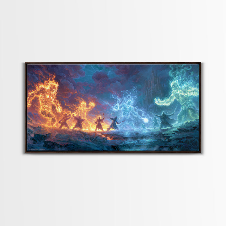 Elemental Dragon Battle Canvas Print, Fire And Ice Fantasy Wall Art, Epic Magic Warrior Decor, RPG Gamer Room Gift For Him