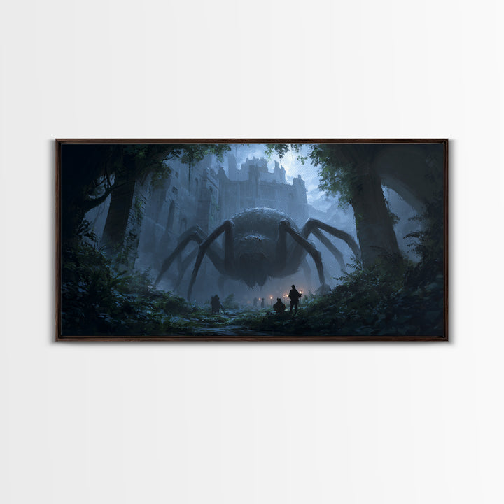 Giant Spider In Ruined Forest Canvas Print, Dark Fantasy Wall Art, Gothic Castle Decor, Creepy Dungeons And Dragons Gift