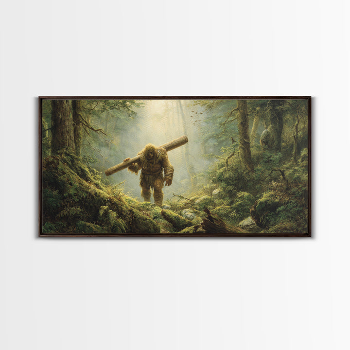 Bigfoot Carrying Log Through Mossy Forest Wall Art, Whimsical Wildlife Canvas Print, Cabin Decor, Fantasy Home Decor, Unique Gift