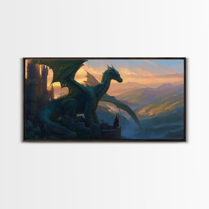 Emerald Dragon Castle Wall Art, Fantasy Landscape Canvas Print, Medieval Gothic Decor, Large Mythical Creature Artwork Gift