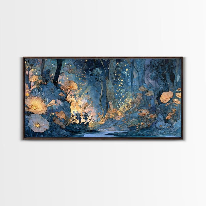 Glowing Blue Fairy Forest Canvas Print, Whimsical Floral Wall Art, Enchanted Woodland Decor, Firefly Fantasy Print, Nursery Wall Decor