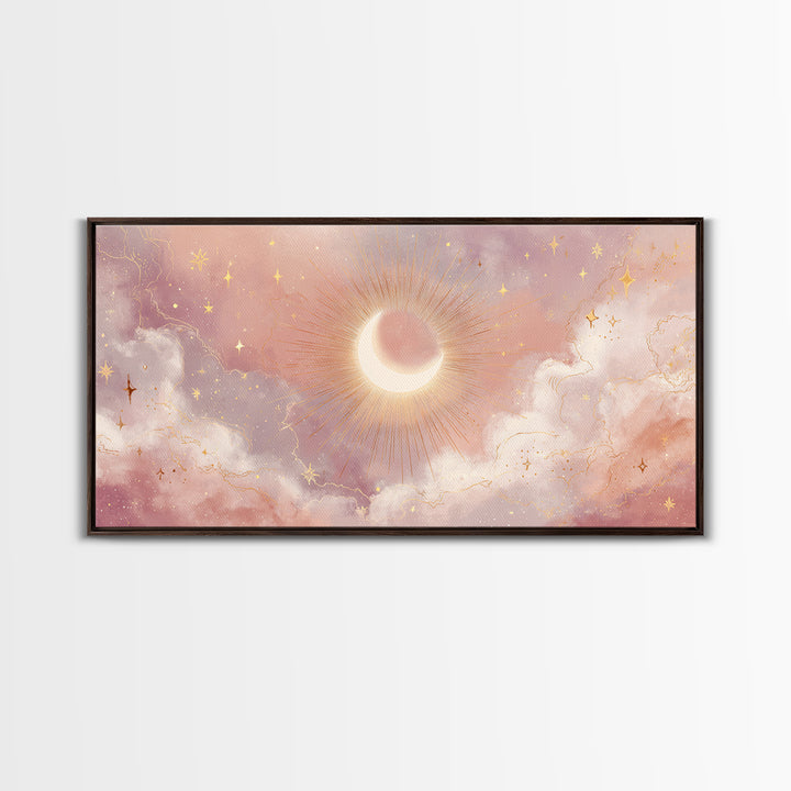Glowing Solar Eclipse With Pink Clouds Wall Art, Celestial Canvas Print, Moon And Stars Decor, Dreamy Bedroom Decor Gift For Her