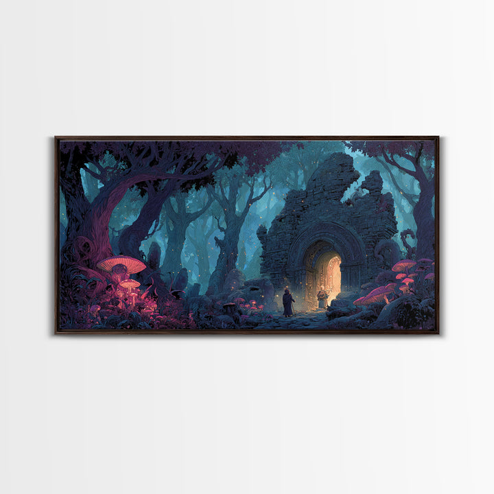 Enchanted Forest Portal Canvas Print, Mushroom Fantasy Wall Art, Magical Ruins Decor, Whimsical Fairy Tale Print For Kids Room