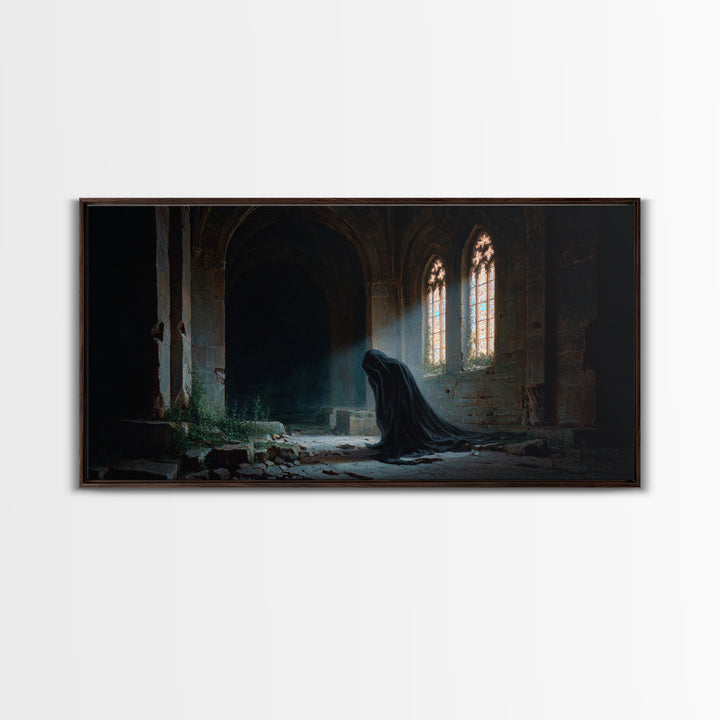 Hooded Figure In Ruined Gothic Cathedral Framed Canvas Print, Dark Academia Wall Art, Moody Spiritual Decor For Home Office