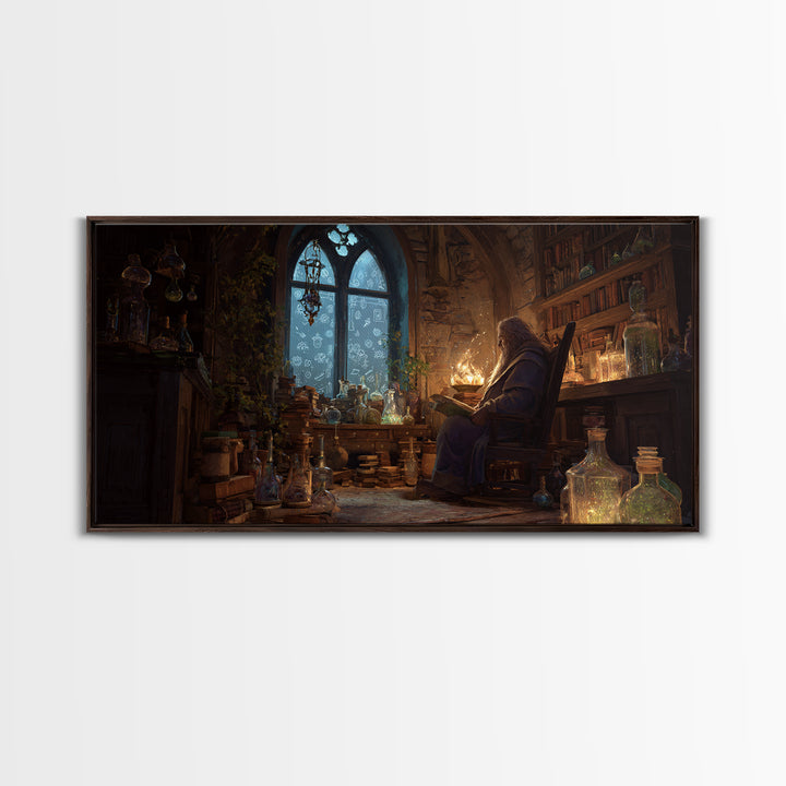 Wizard Library Wall Art, Dark Academia Fantasy Canvas Print, Magical Book Nook Decor, Cozy Reading Room Gift For Book Lover