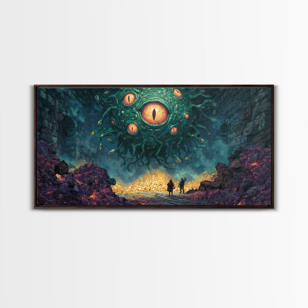 Floating Eyed Monster Over Gold Hoard Canvas Print, Dark Fantasy Wall Art, Dungeon Decor, Gaming Room Art, Gift For Gamer