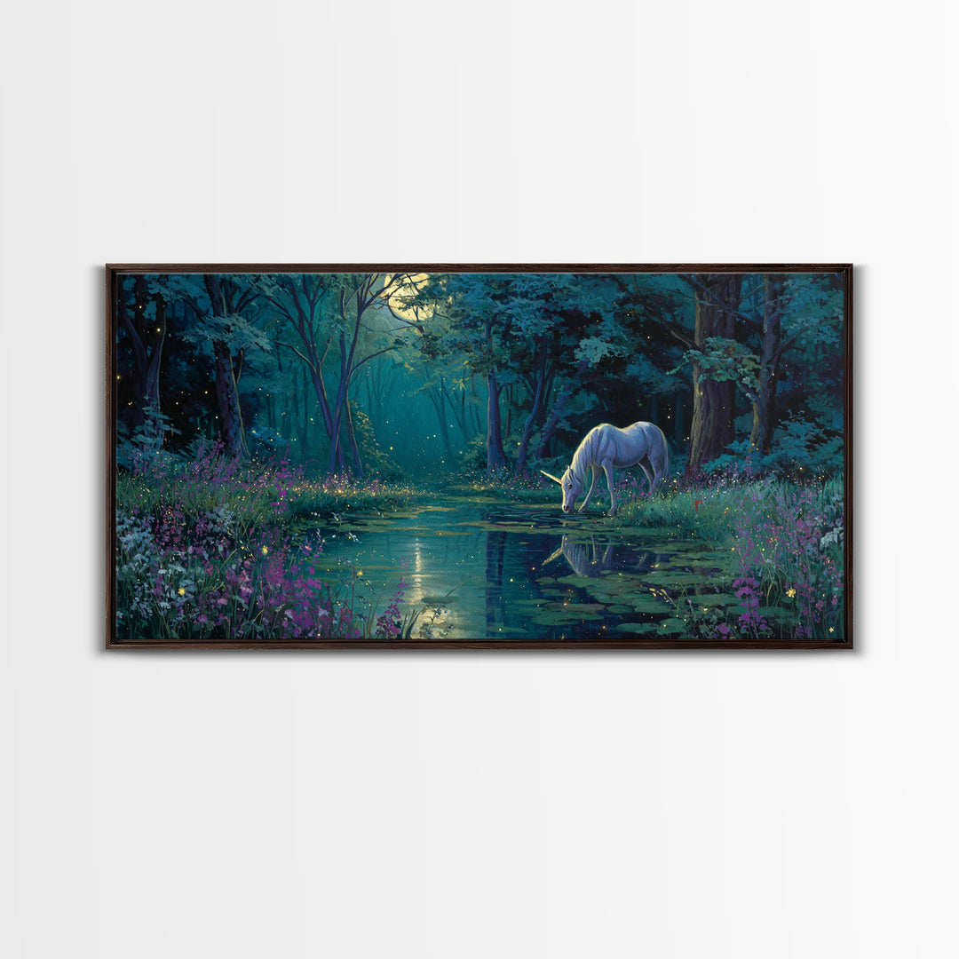 Moonlit Unicorn Forest Pond Wall Art, Enchanted Fantasy Landscape Canvas, Whimsical Nursery Decor, Magical Gift For Her Art