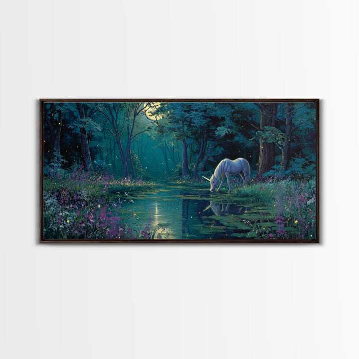 Moonlit Unicorn Forest Pond Wall Art, Enchanted Fantasy Landscape Canvas, Whimsical Nursery Decor, Magical Gift For Her Art