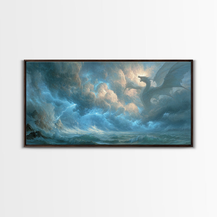 Storm Dragon Above Raging Ocean Canvas Print, Epic Fantasy Wall Art, Moody Seascape Decor For Living Room And Office Decor