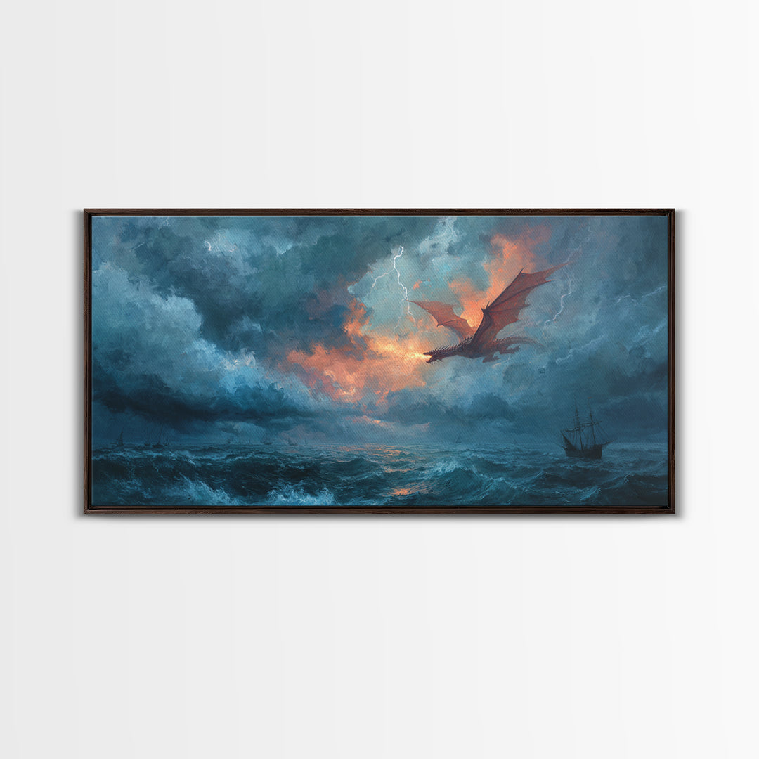 Storm Dragon Flying Over Ocean Ship Canvas Print, Fantasy Wall Art, Nautical Seascape Decor, Dramatic Coastal Art, Gift For Him