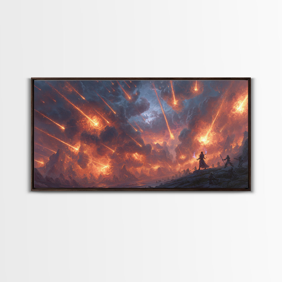 Meteor Storm Apocalypse Canvas Print, Fiery Fantasy Battlefield Scene, Dark Fantasy Art, Gaming Room Decor, Statement Wall Art