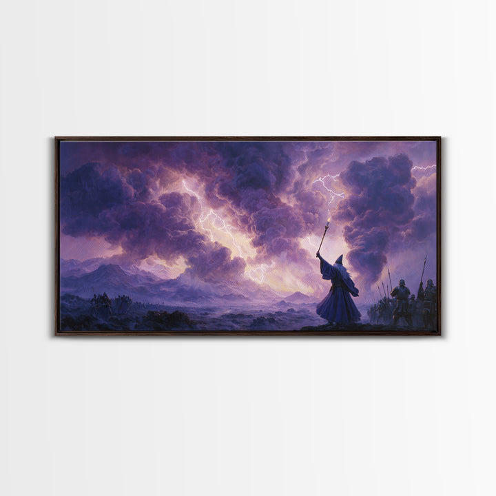 Wizard Lightning Storm Canvas Print, Epic Fantasy Wall Art, Dark Magic Battle Scene, Dramatic Landscape Decor For Game Room