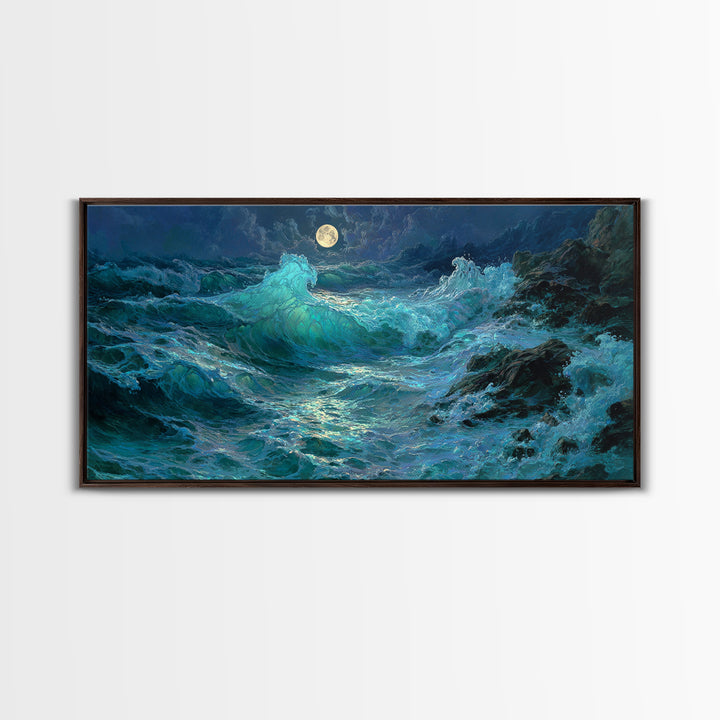 Moonlit Turquoise Ocean Waves Canvas Print, Coastal Wall Art, Seascape Painting, Nautical Decor, Moody Beach House Gift Idea