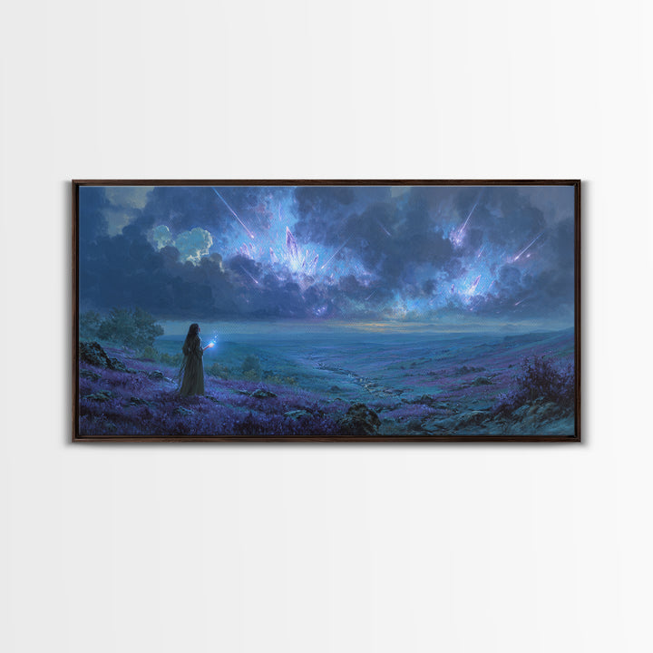 Cosmic Sorceress Under Meteor Sky Wall Art, Fantasy Landscape Canvas, Celestial Space Decor, Mystical Blue Home Decor Gift