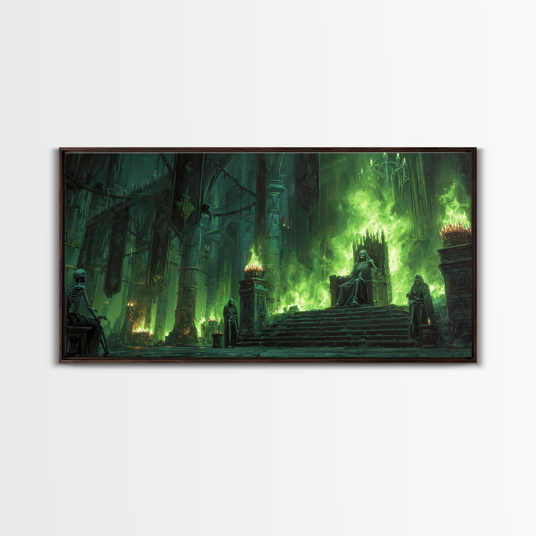 Emerald Gothic Throne Room With Skeletons Canvas Print, Dark Fantasy Art, Moody Wall Decor, Surreal Statement Art For Living Room