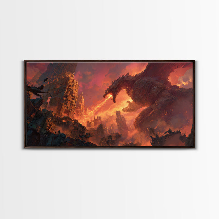 Fire Breathing Dragon Over Ruined City Canvas Print, Dark Fantasy Wall Art, Apocalyptic Decor, Gaming Room Statement Art