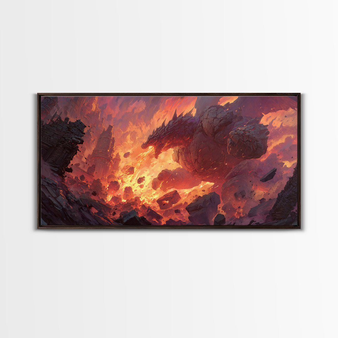 Fire Dragon Rising From Ruins Wall Art, Dark Fantasy Canvas Print, Epic Mythical Decor For Gamer Room And Statement Wall