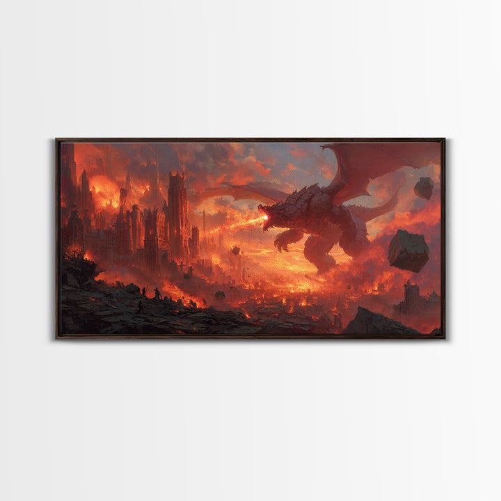 Fire Breathing Dragon Over Burning City Canvas Print, Dark Fantasy Wall Art, Epic Gothic Decor, Gaming Room Gift For Him