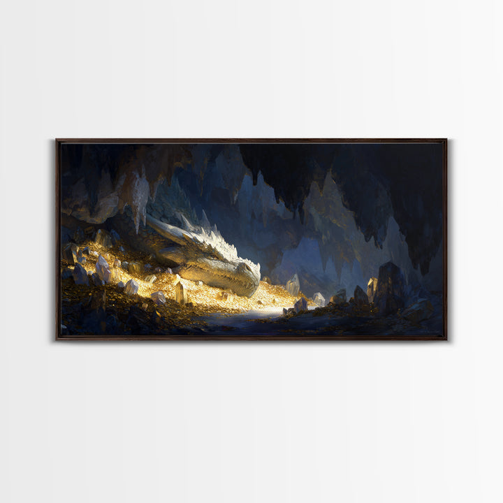 Sleeping Dragon In Golden Cave Wall Art, Fantasy Canvas Print, Mythical Creature Decor, Dark Academia Home Decor, Gift For Him