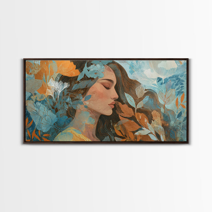 Serene Woman With Blue Botanicals Canvas Print, Abstract Floral Portrait, Modern Wall Art For Living Room Decor, Gift For Her