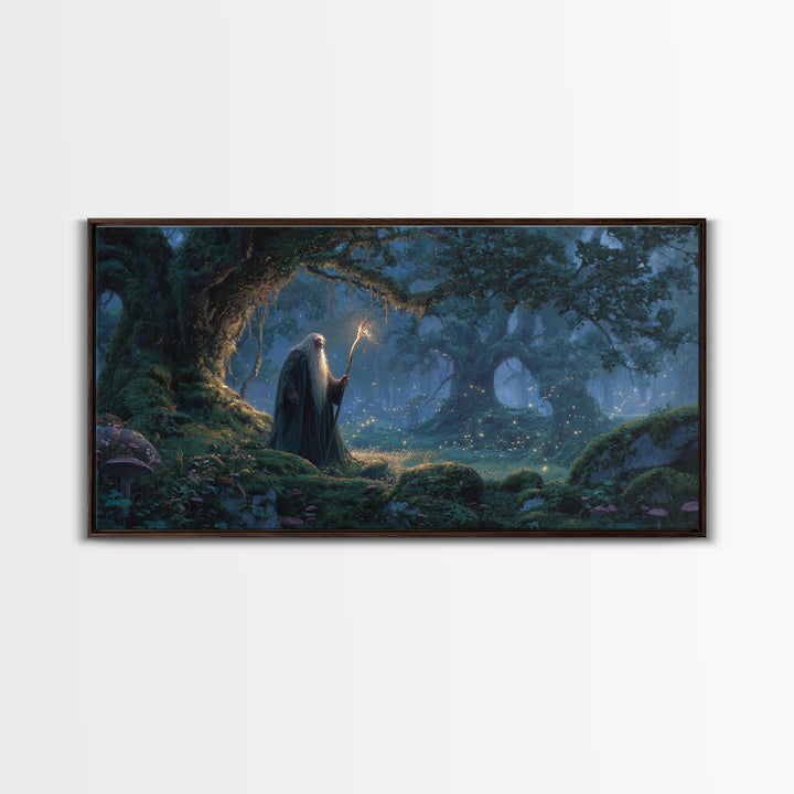 Wizard In Moonlit Enchanted Forest Canvas Print, Fantasy Wall Art, Magical Woodland Decor For Cozy Reading Nook Gift For Her