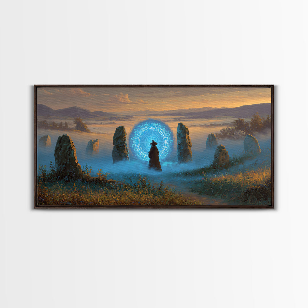 Mystic Portal Stone Circle Canvas Print, Blue Magical Landscape Wall Art, Fantasy Decor, Witchy Celestial Art Print Gift