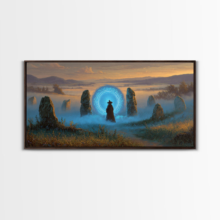 Mystic Portal Stone Circle Canvas Print, Blue Magical Landscape Wall Art, Fantasy Decor, Witchy Celestial Art Print Gift