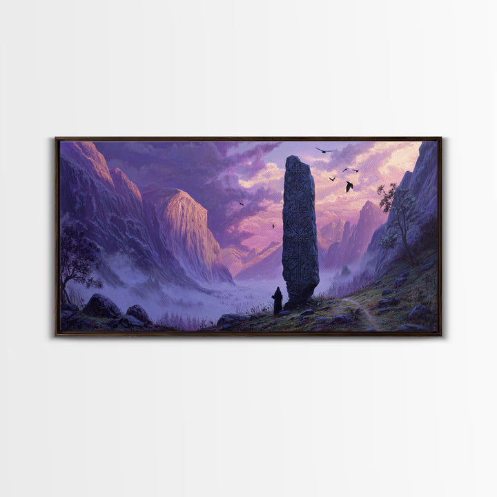 Ancient Rune Monolith Mountain Valley Canvas Print, Epic Fantasy Landscape Wall Decor, Purple Mist Adventure Art For Game Room