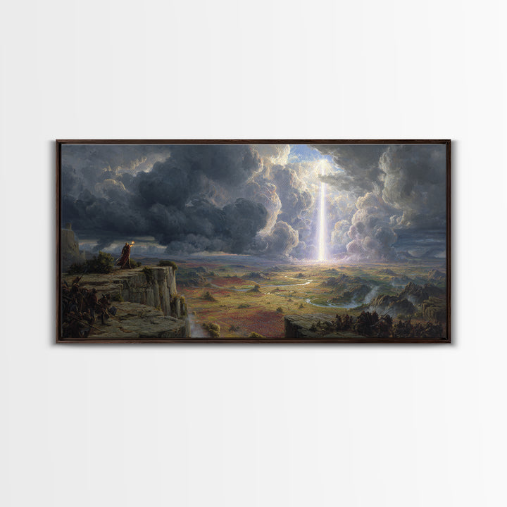 Divine Light Over Epic Battlefield Canvas Print, Fantasy Landscape Wall Art, Dark Academia Decor, Statement Artwork, Large Wall Art