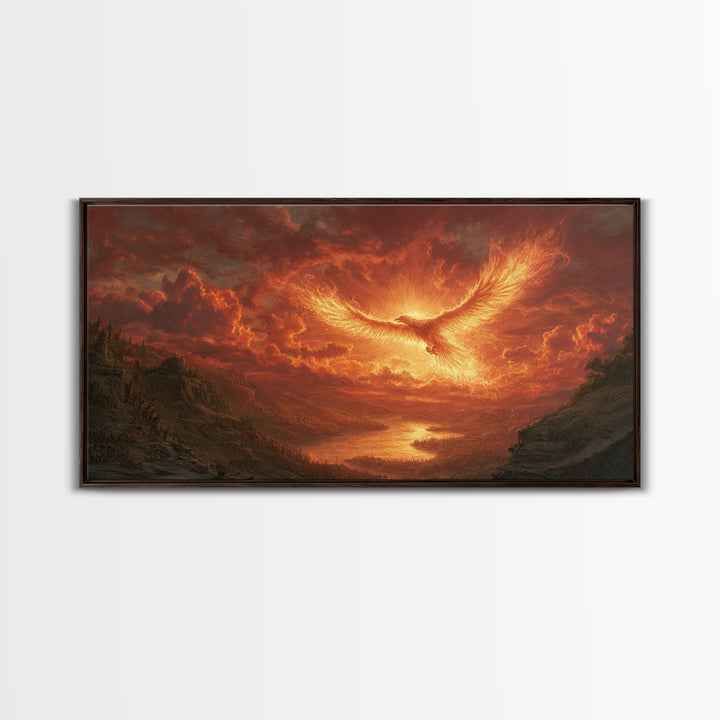 Fiery Phoenix Over Epic Valley Canvas Print, Fantasy Wall Art, Mythical Bird Painting For Gaming Room And Dramatic Home Decor