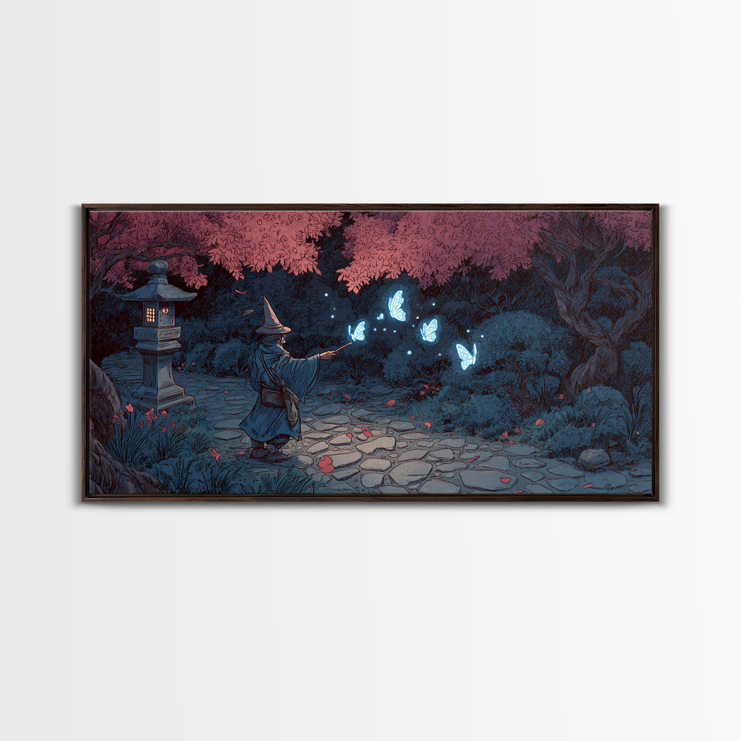 Wizard In Cherry Blossom Garden Wall Art, Magical Blue Butterfly Canvas Print, Japanese Fantasy Decor For Kids Room And Nursery