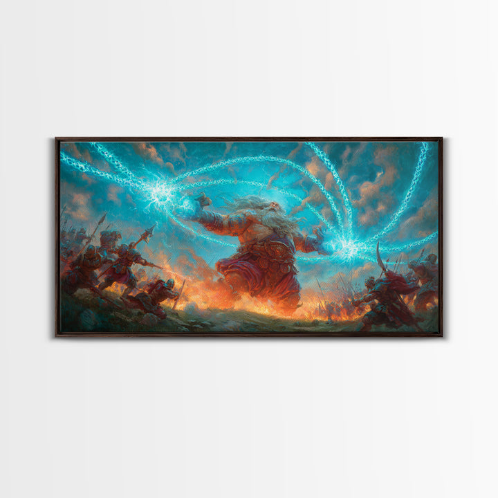 Giant Storm Mage Casting Lightning Canvas Print, Epic Fantasy Wall Art For Gaming Room Decor And Dramatic Statement Artwork