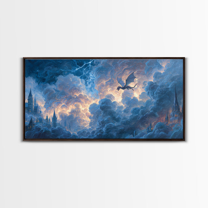 Storm Dragon Soaring Over Cloud Castles Framed Canvas Print, Fantasy Wall Art, Dramatic Sky Art, Medieval Home Decor, Gift For Him