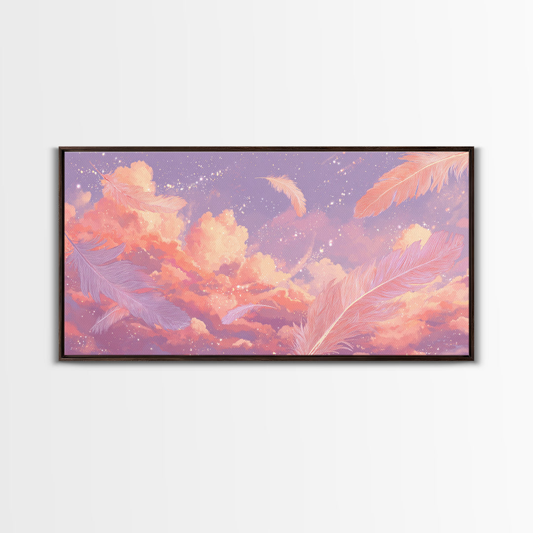 Peach Pink Cloudscape With Feathers Wall Art, Celestial Pastel Sky Canvas Print, Dreamy Nursery And Bedroom Decor, Gift For Her