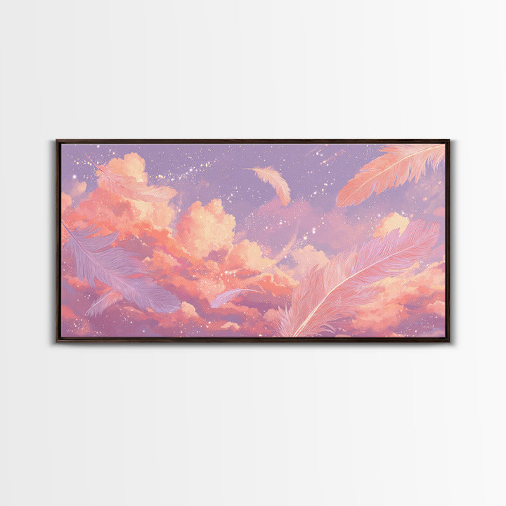 Peach Pink Cloudscape With Feathers Wall Art, Celestial Pastel Sky Canvas Print, Dreamy Nursery And Bedroom Decor, Gift For Her