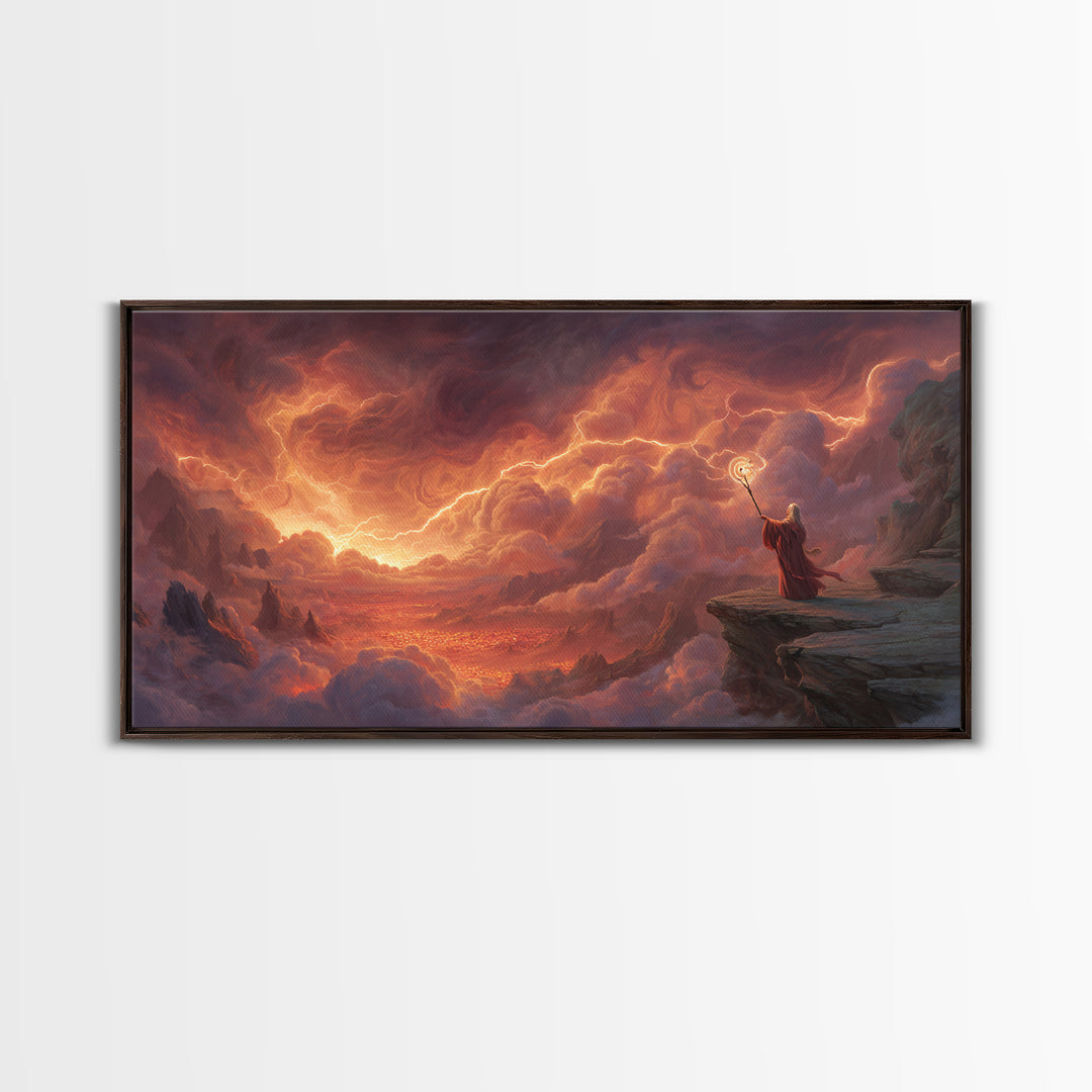 Wizard On Cliff Above Fiery Clouds Wall Art, Epic Fantasy Landscape, Mystical Magic Decor, Dramatic Canvas Print, Gift For Him