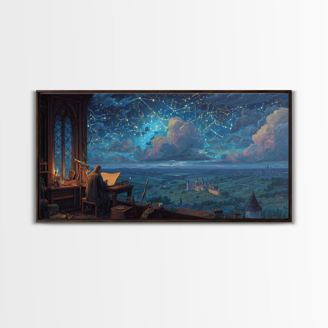 Scholar Studying A Starry Medieval Sky Wall Art, Gothic Library Decor, Fantasy Castle Landscape, Dark Academia Print, Book Lover Gift