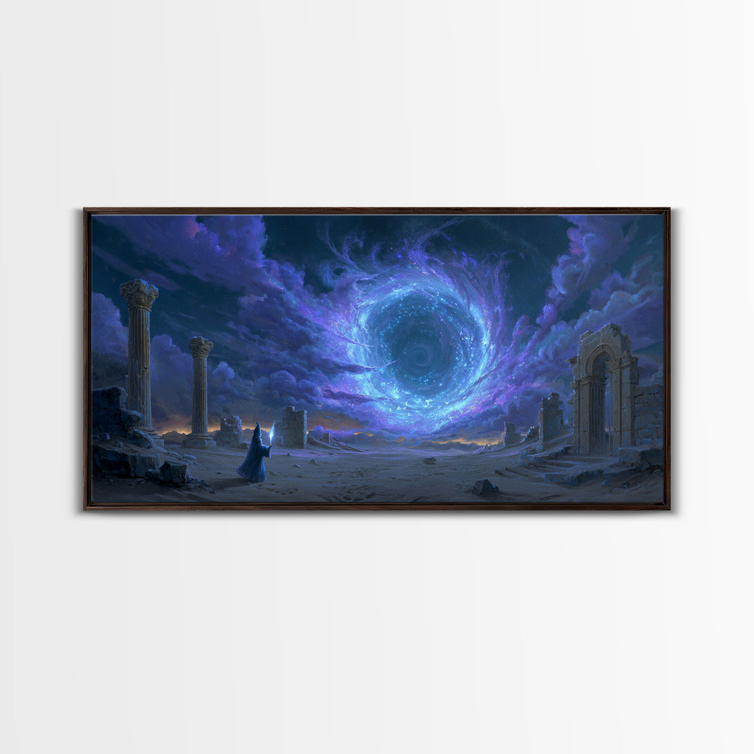 Wizard Portal Ruins Wall Art, Cosmic Vortex Fantasy Canvas, Mystical Dark Magic Decor, Surreal Landscape Art Print For Game Room