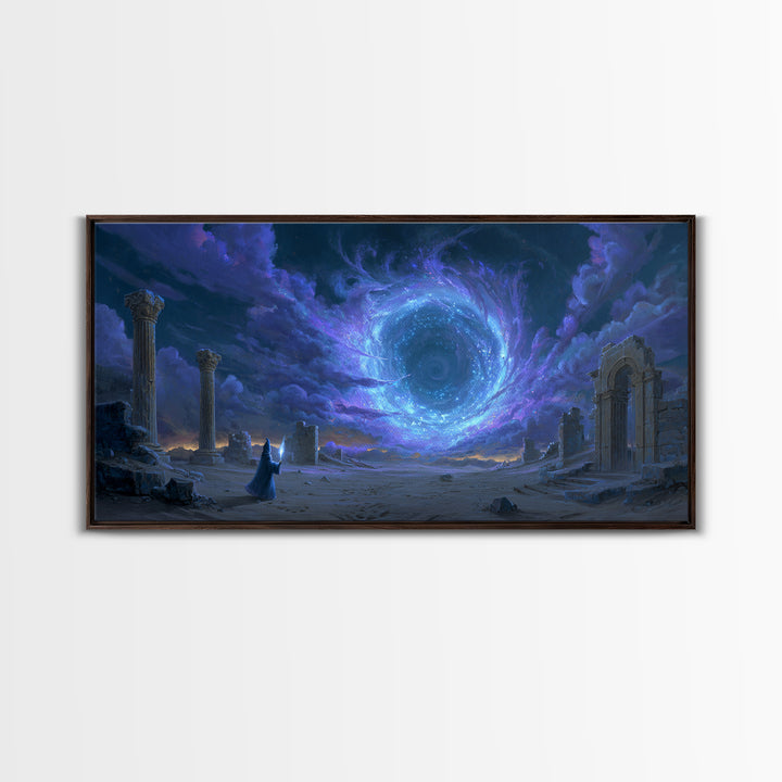 Wizard Portal Ruins Wall Art, Cosmic Vortex Fantasy Canvas, Mystical Dark Magic Decor, Surreal Landscape Art Print For Game Room