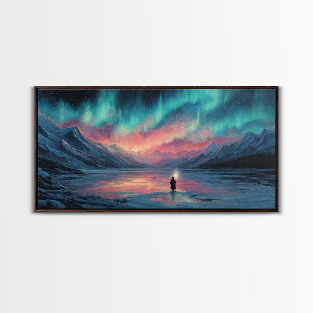 Northern Lights Over Mountain Lake Canvas Print, Aurora Wall Art, Peaceful Landscape For Cabin Decor And Above Bed Wall Decor